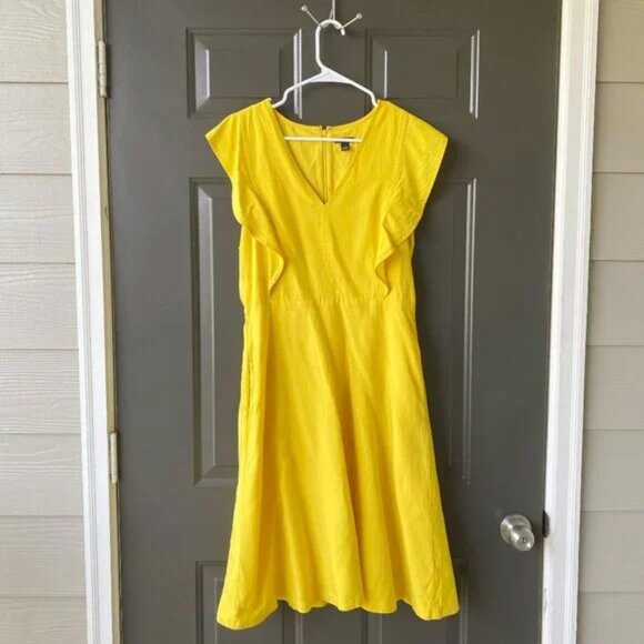 Ann Taylor Ruffle Sleeve Midi Flare Dress Size 6 Yellow EXCELLENT - Picture 1 of 8